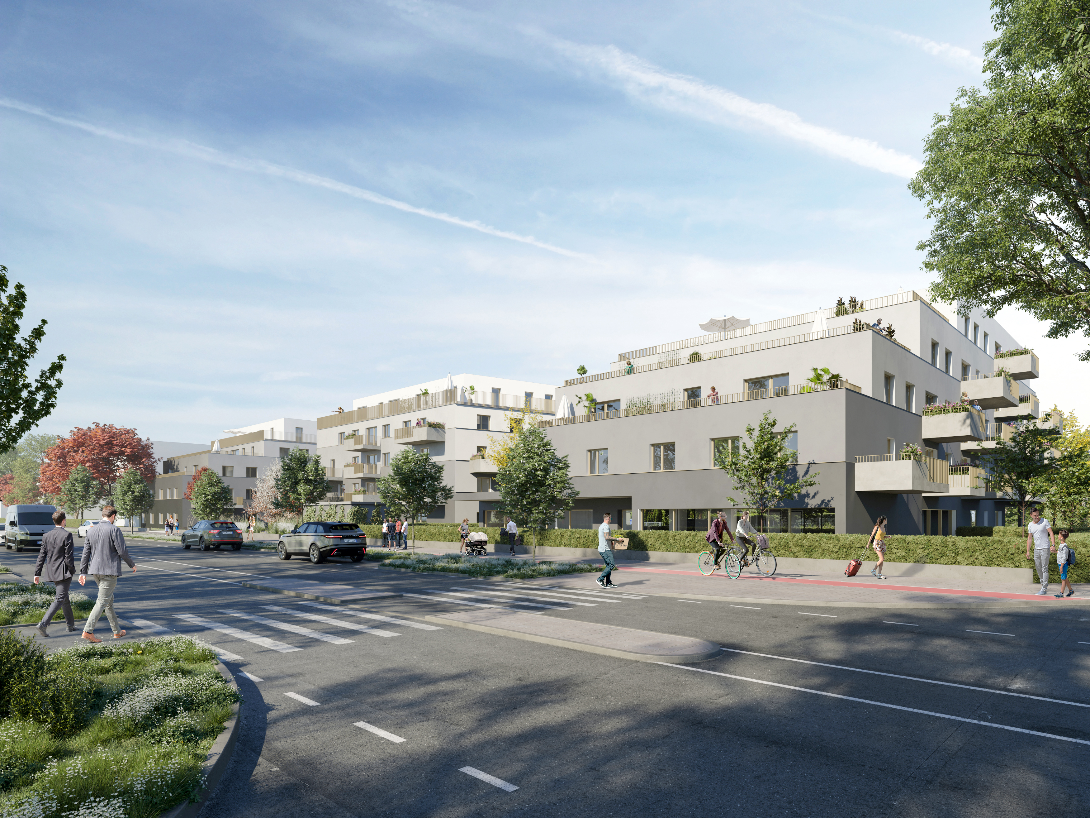 Am Hirschfeld @ viksel.studio Außenansicht-Rendering des Projektes Am Hirschfeld in der Gerasdorfer Straße in 1210 Wien